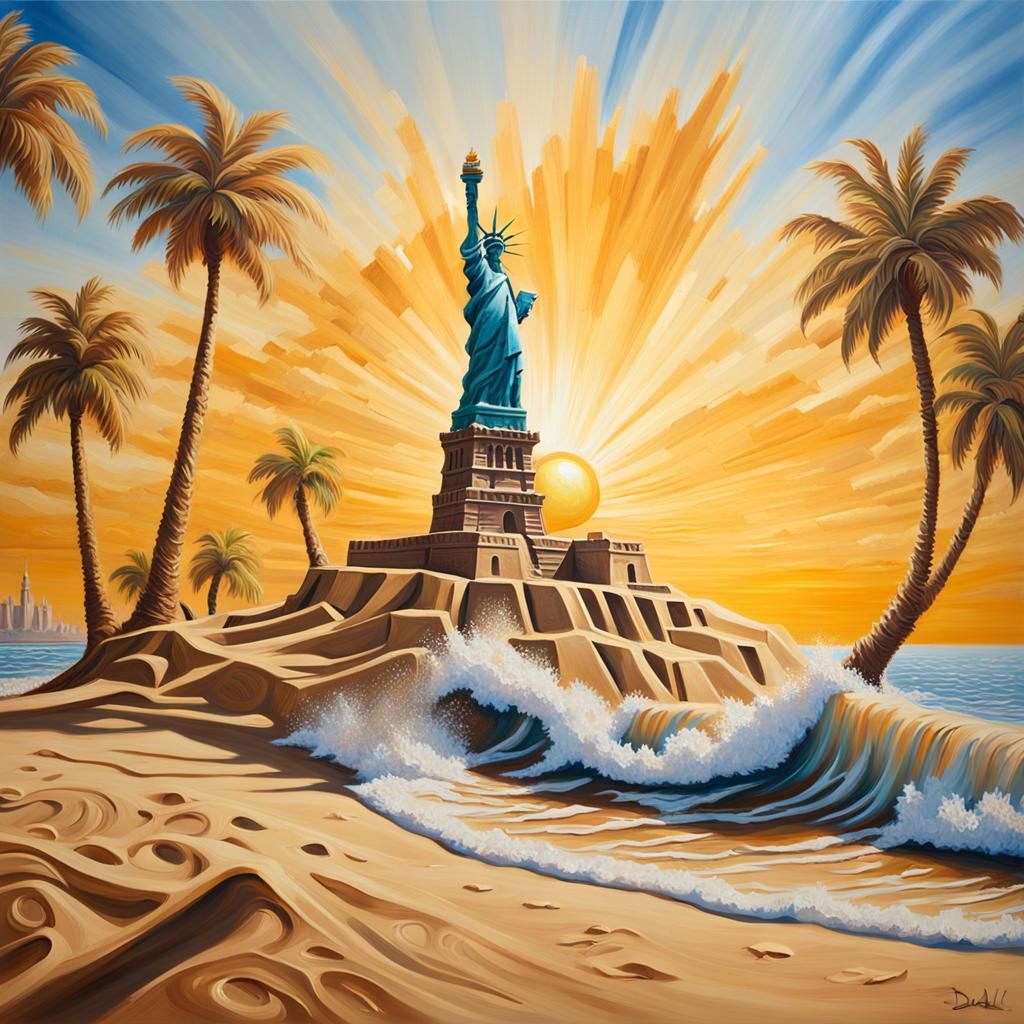 Sand Statue of Liberty: Oil Painting on Beach