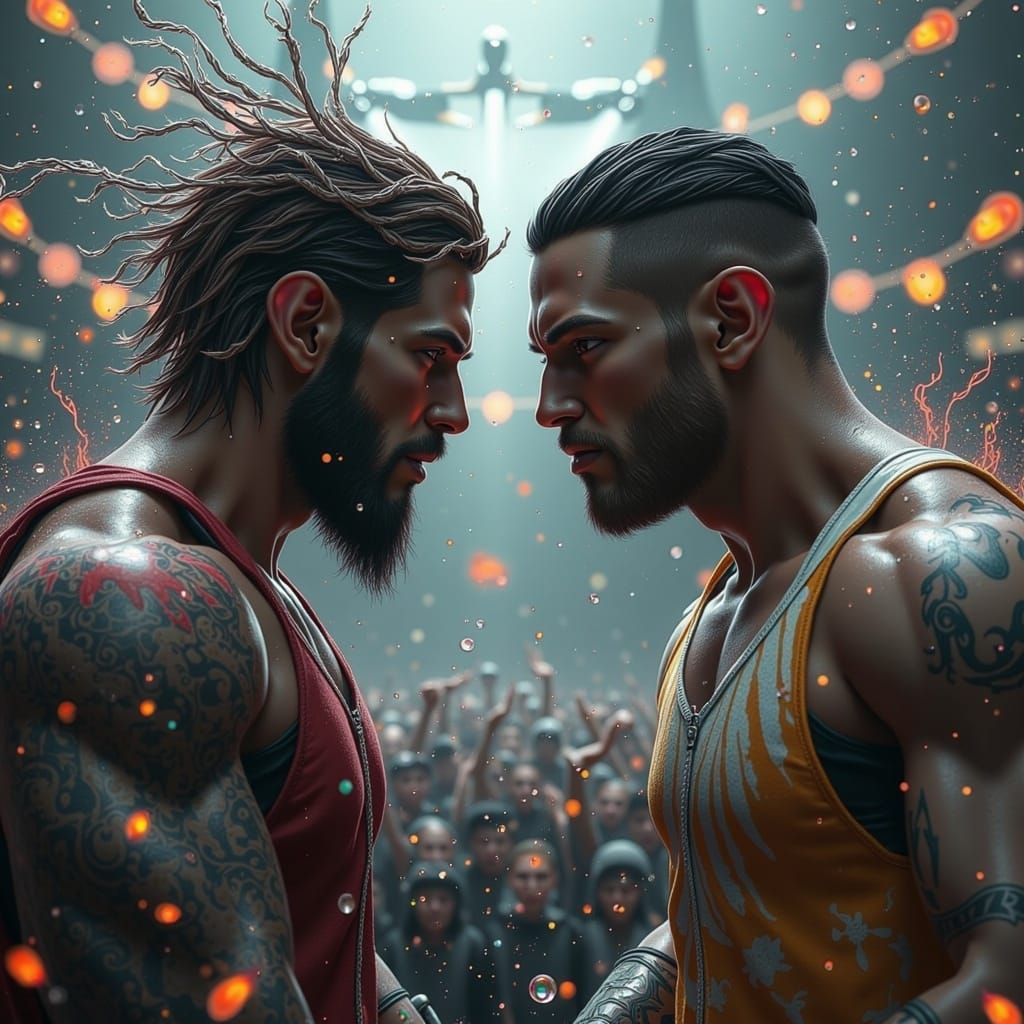 Epic MMA Arena Showdown in Dark, Futuristic Style