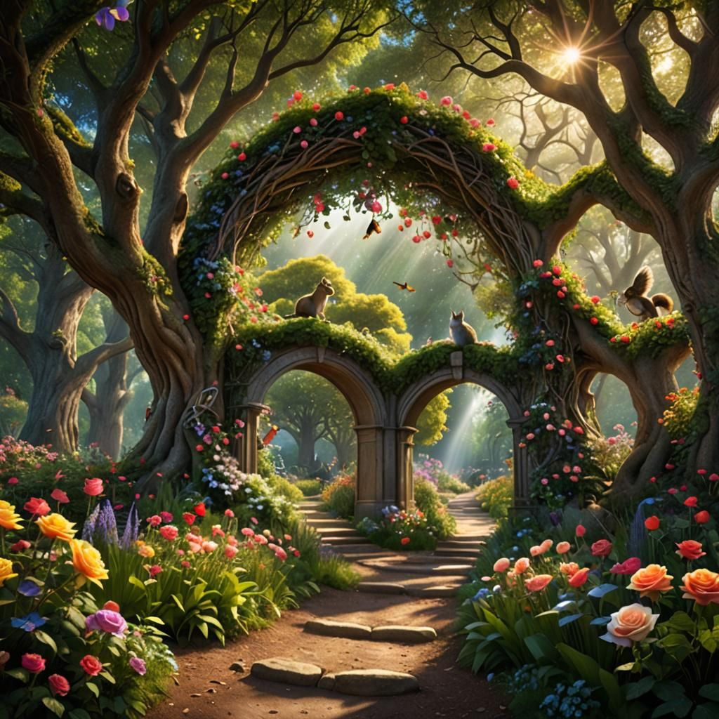 Enchanted Forest Entrance with Rainbow and Wildlife