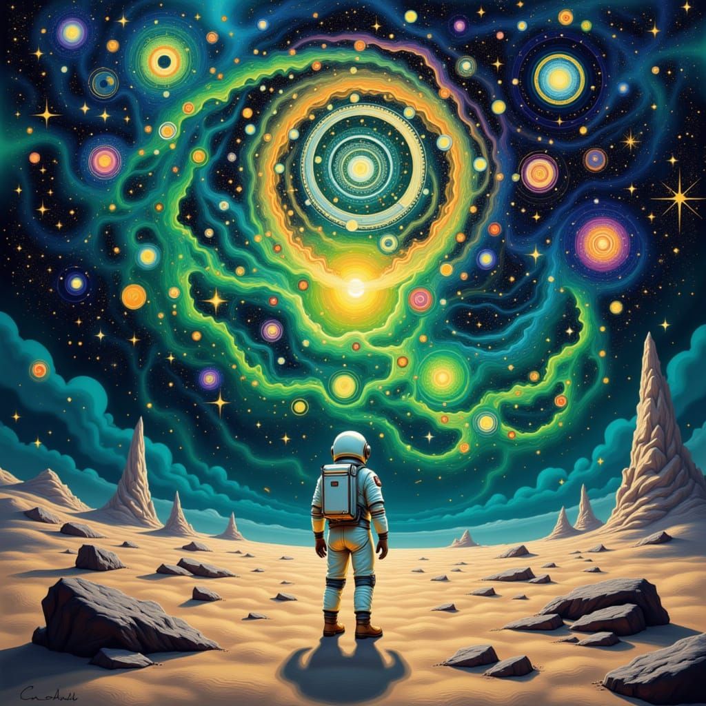 Astronaut on Crystalline Planet with Clockwork Nebula