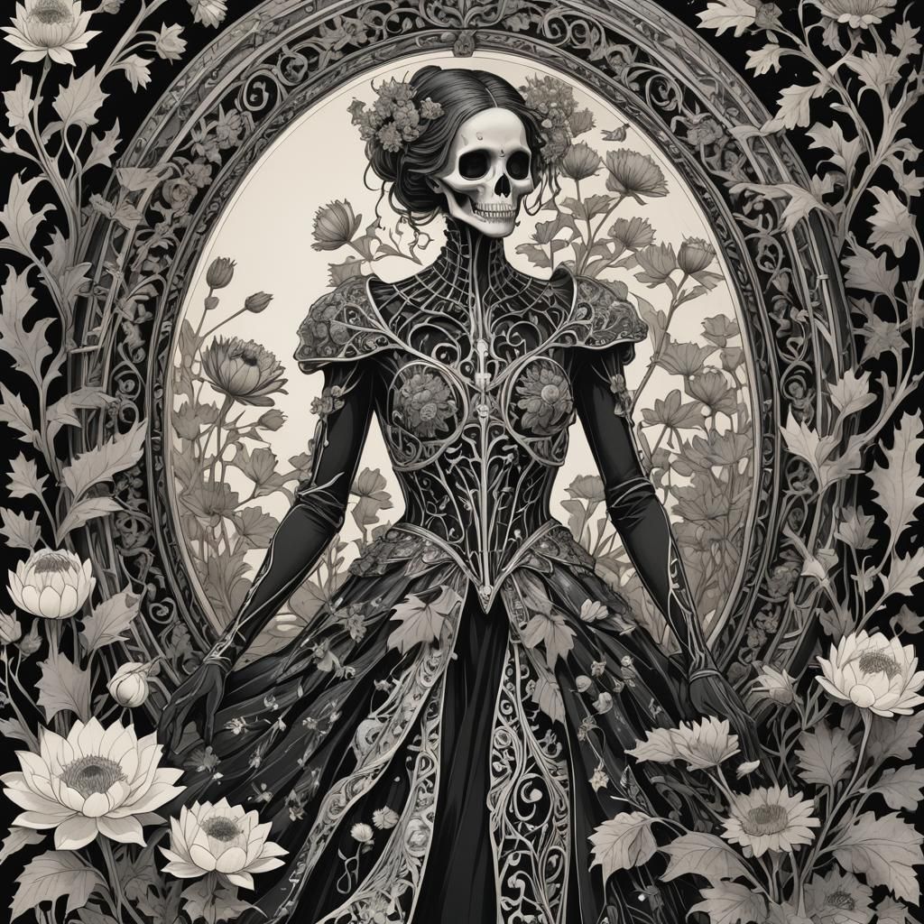 Skeletal Figure in Floral Gown: A Dark Fantasy Sketch