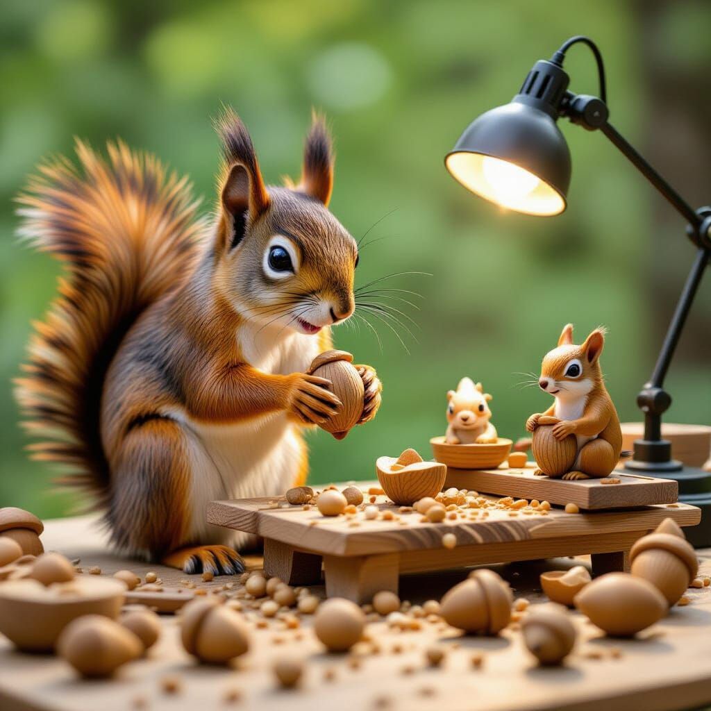 Squirrel Carving Acorns in Nut Workshop