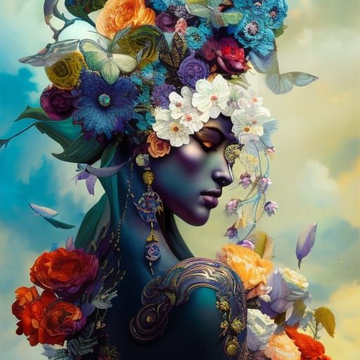Flowerpunk Masked Statue in Hyperdetailed Digital Art