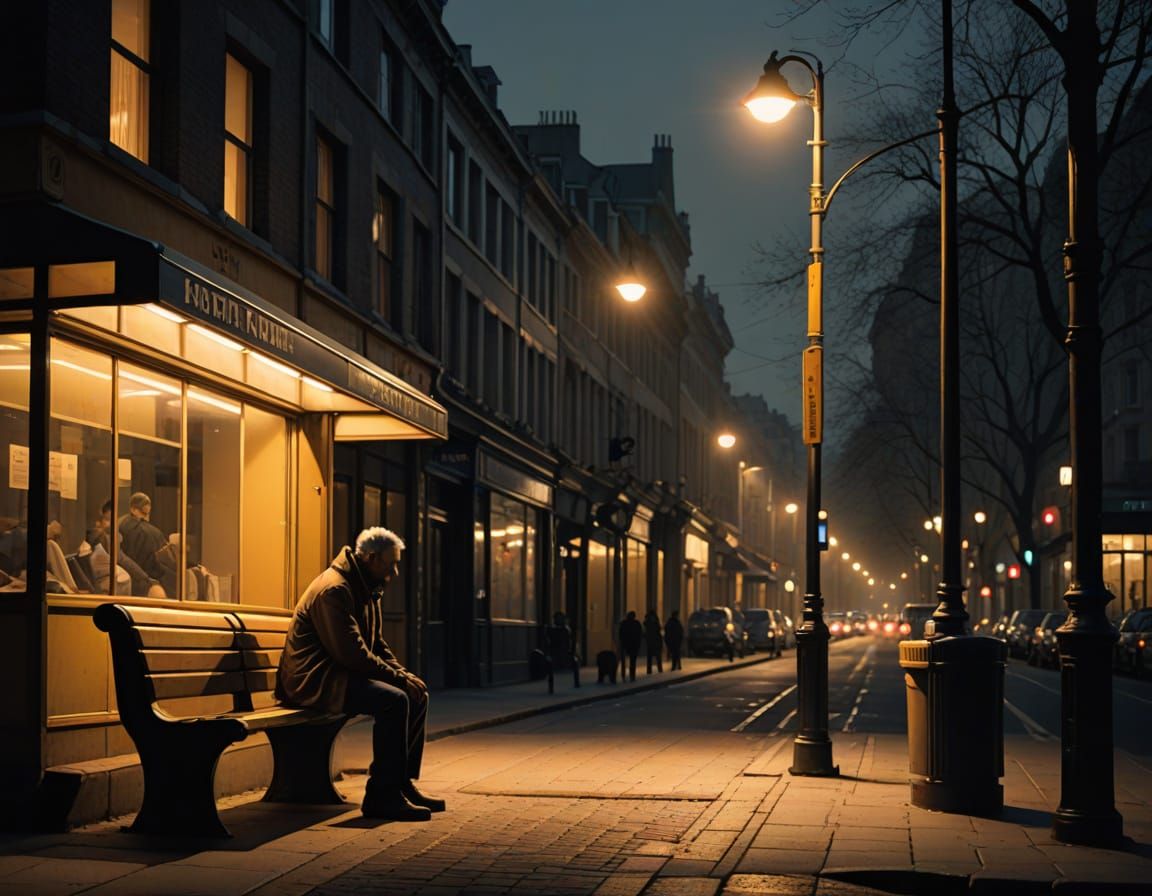 Solitary Figure at Bus Stop in Cinematic Style