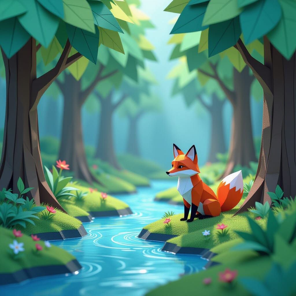 Origami Forest With Paper Fox and Stream
