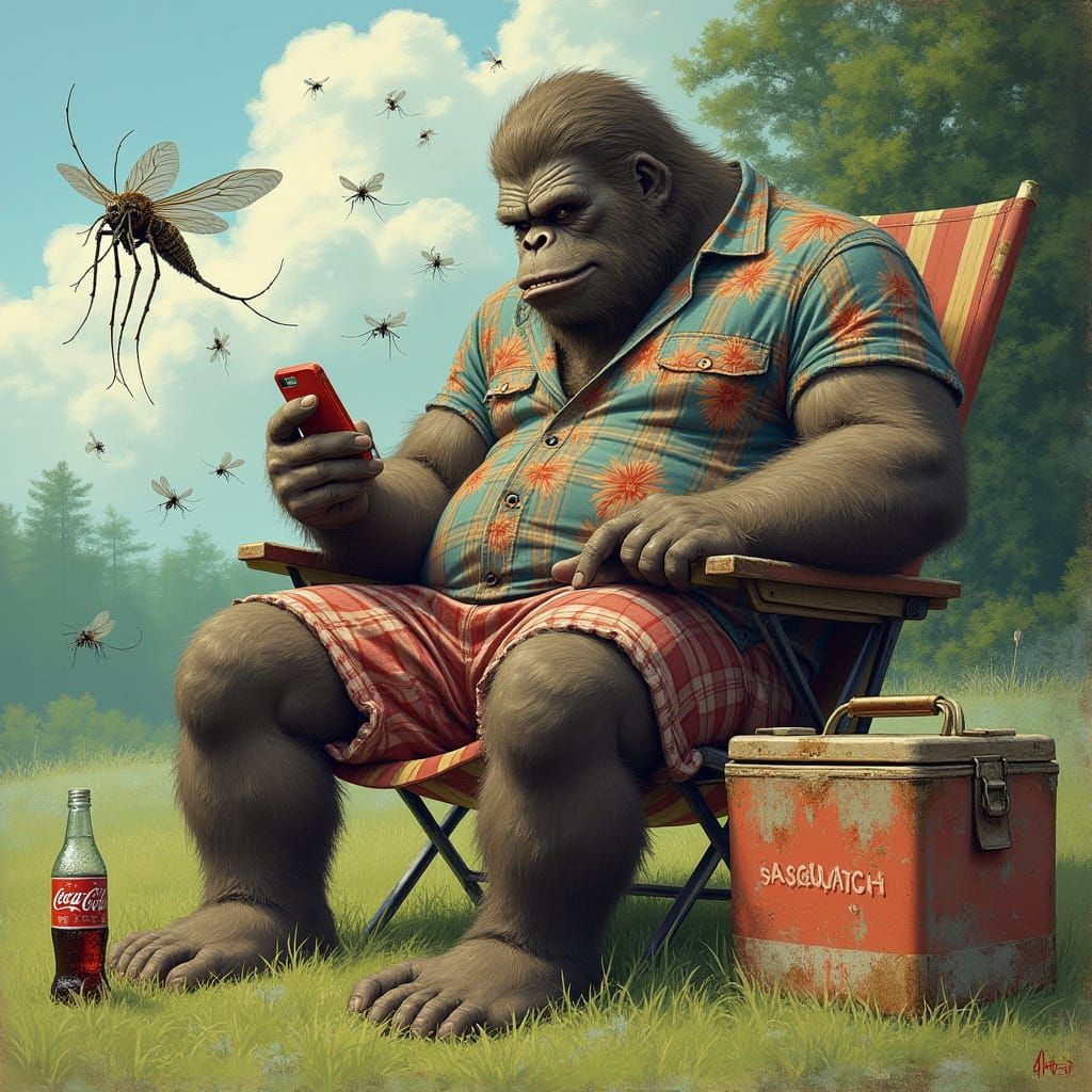 Bigfoot's Summer BBQ in a Whimsical Folk Art Style