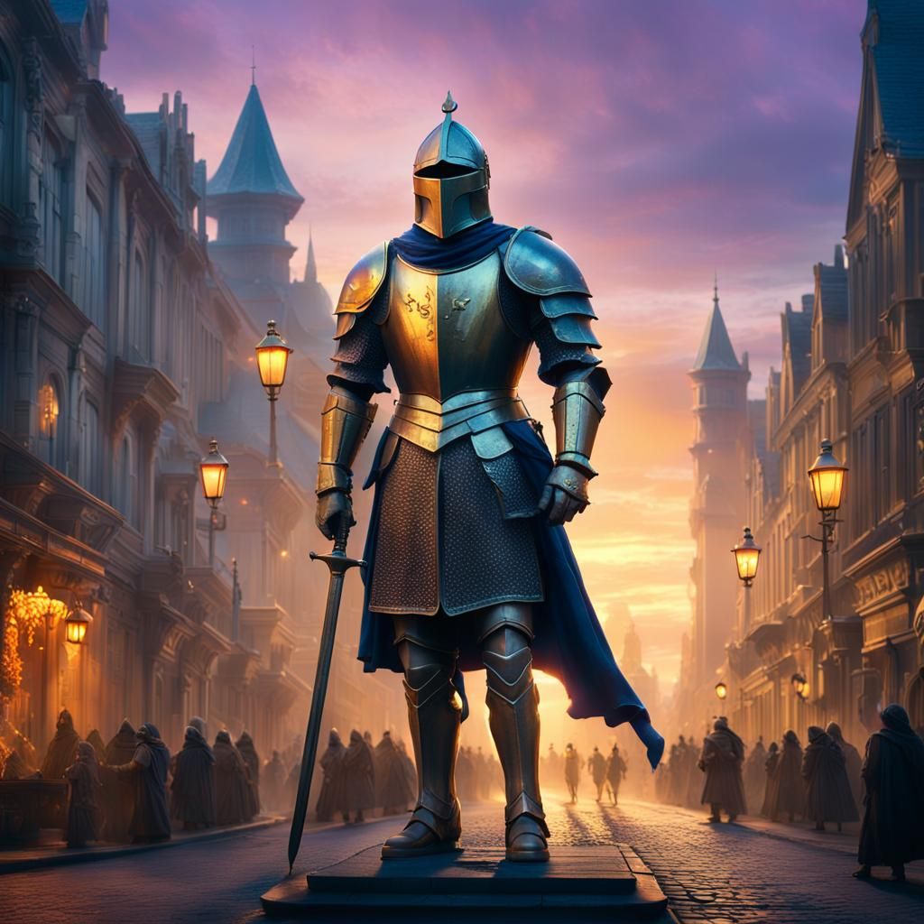 Knight Statue in Steampunk City at Sunset