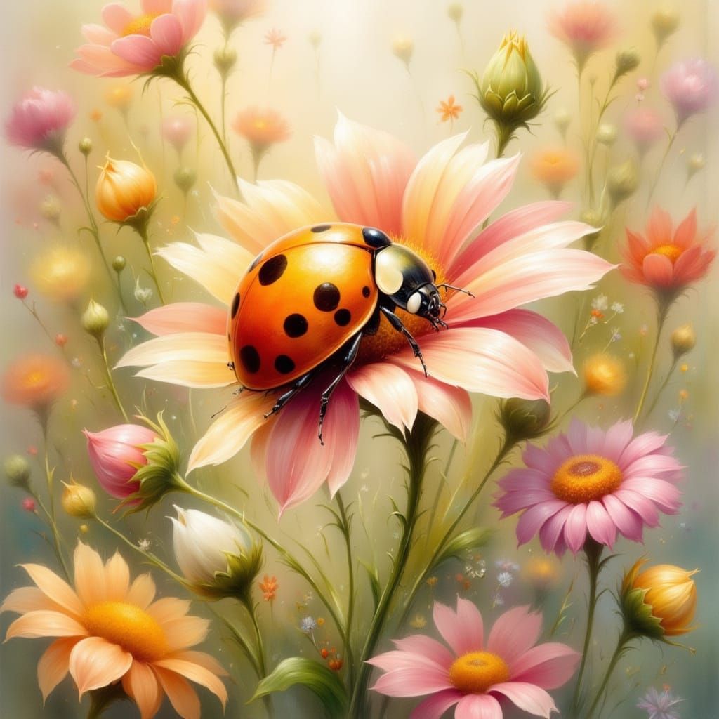 Ladybug on Flower in Whimsical Storybook Style