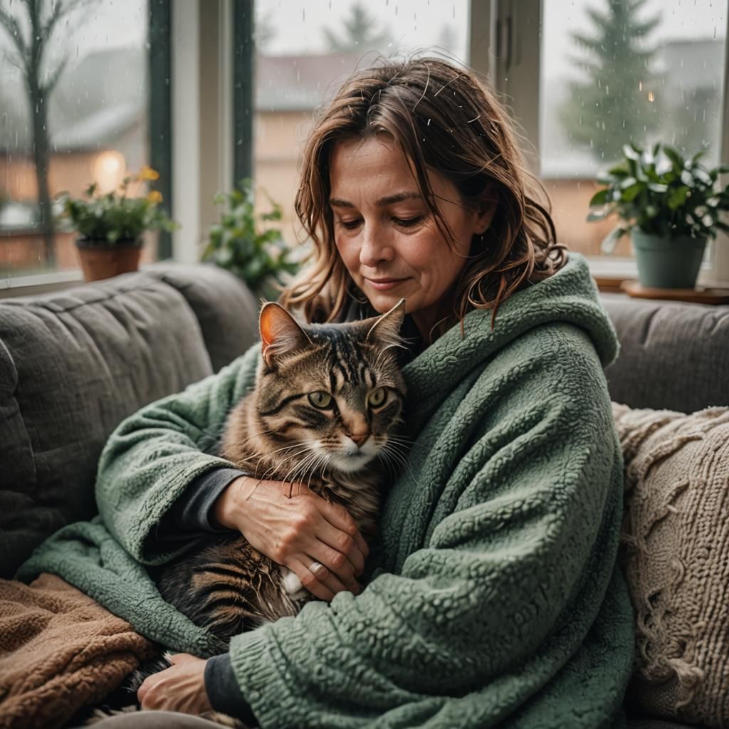 Cozy Woman and Cat in Rainy Day Still