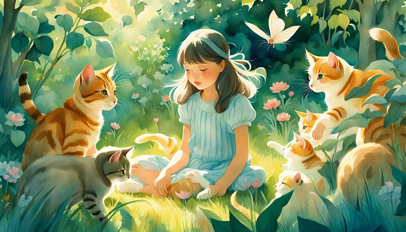 Girl with many cats