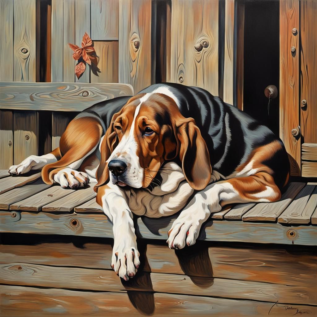 Basset Hound Asleep on Porch in Rockwell Style