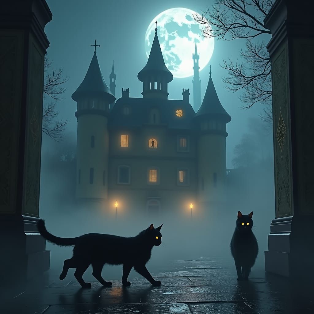 Black Cats Prowl Mystical Mansion in Moonlit Fog