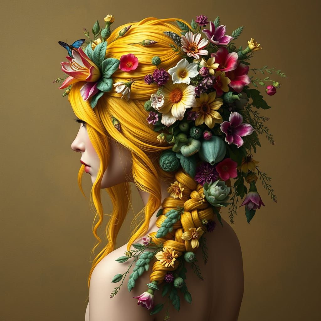 Whimsical Floral Goddess in Vibrant Yellow