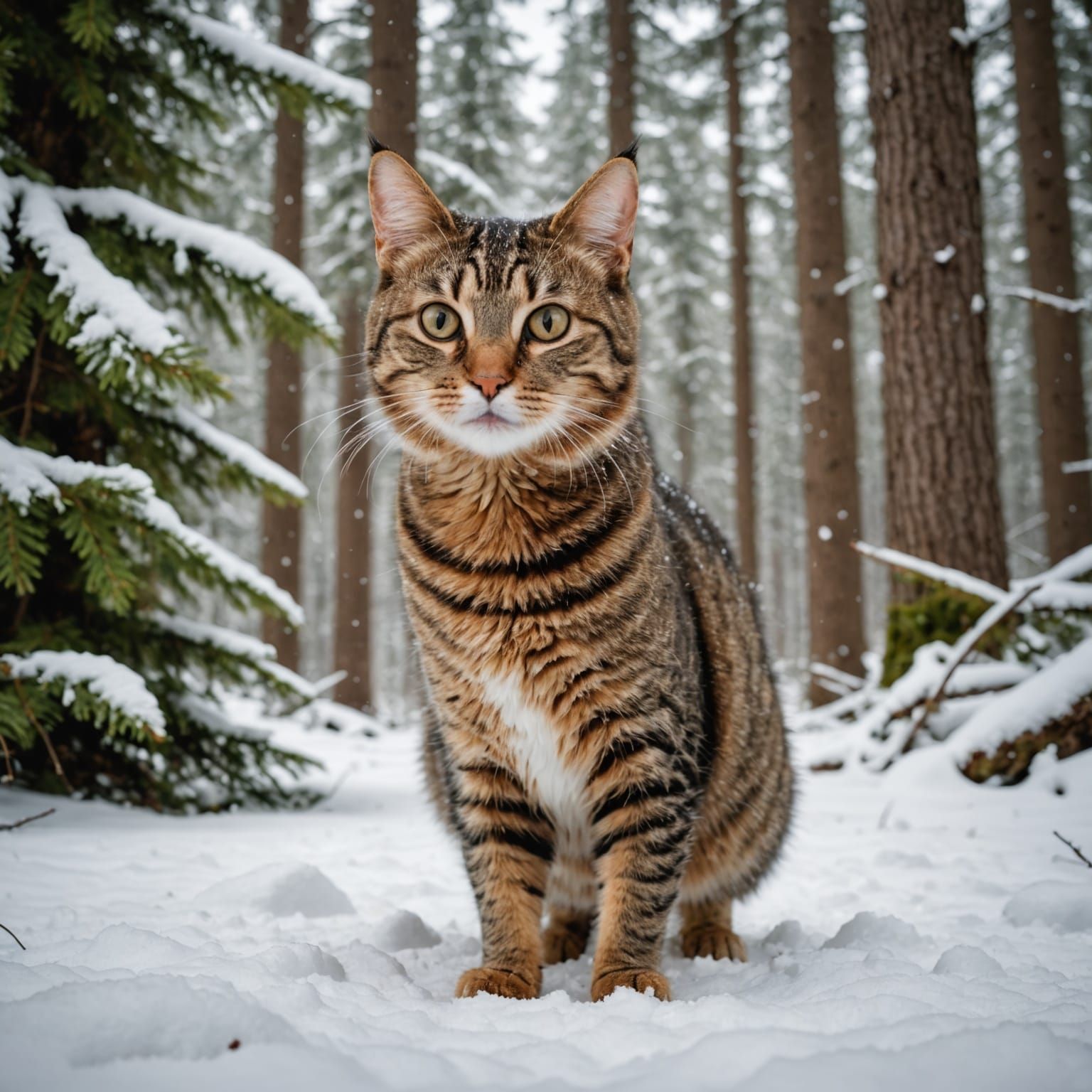 Tabby Cat Playing in Snowy Winter Forest