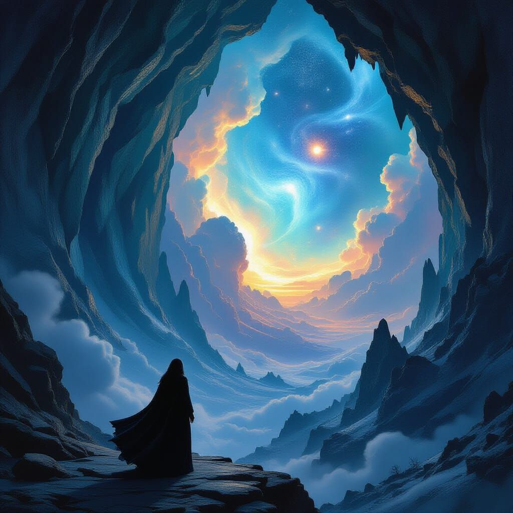 Woman Gazes at Bioluminescent Cavern Under Alien Nebulae Sky