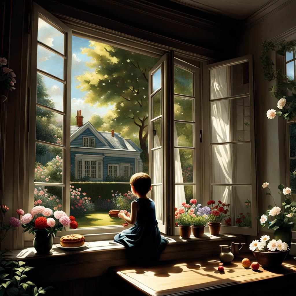 Children Play in Yard Through Window, Maximalist Style