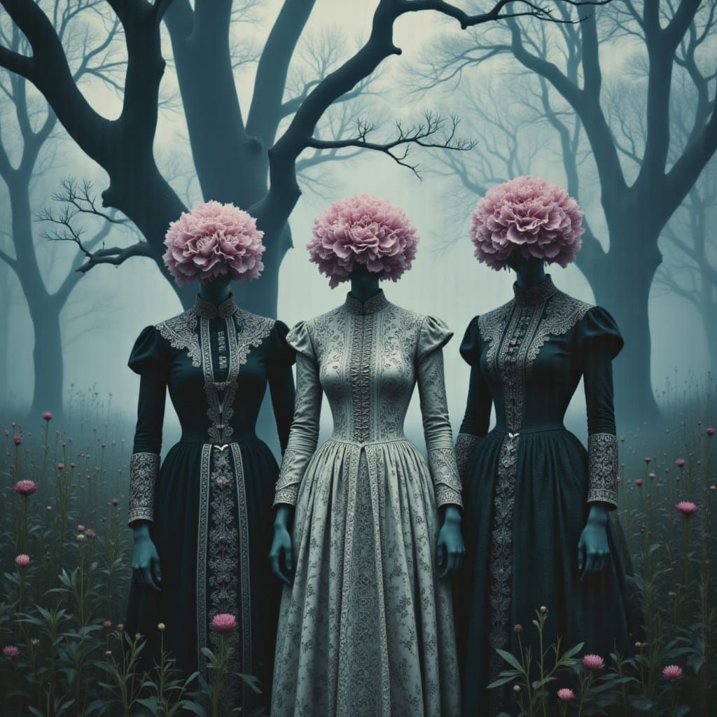 Victorian Women with Peony Heads in Surreal Forest