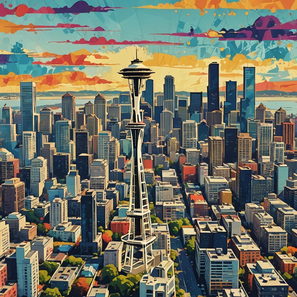 Seattle Space Needle Pop Art in Bauhaus Style
