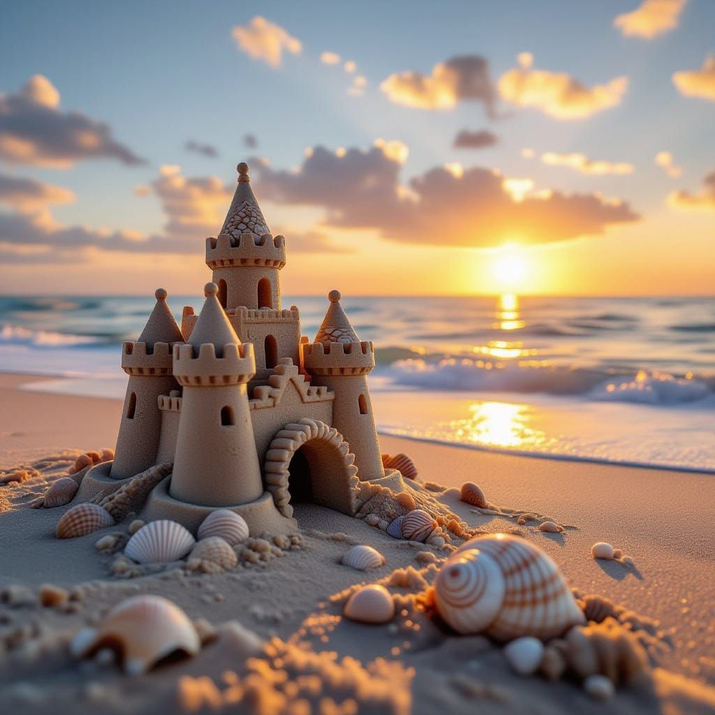 Ocean Sunset Over Crumbling Sandcastle with Seashells