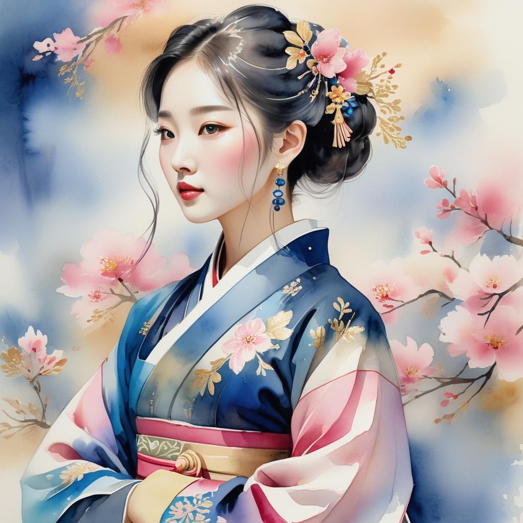 Korean Woman in Hanbok: Whimsical Watercolor Illustration