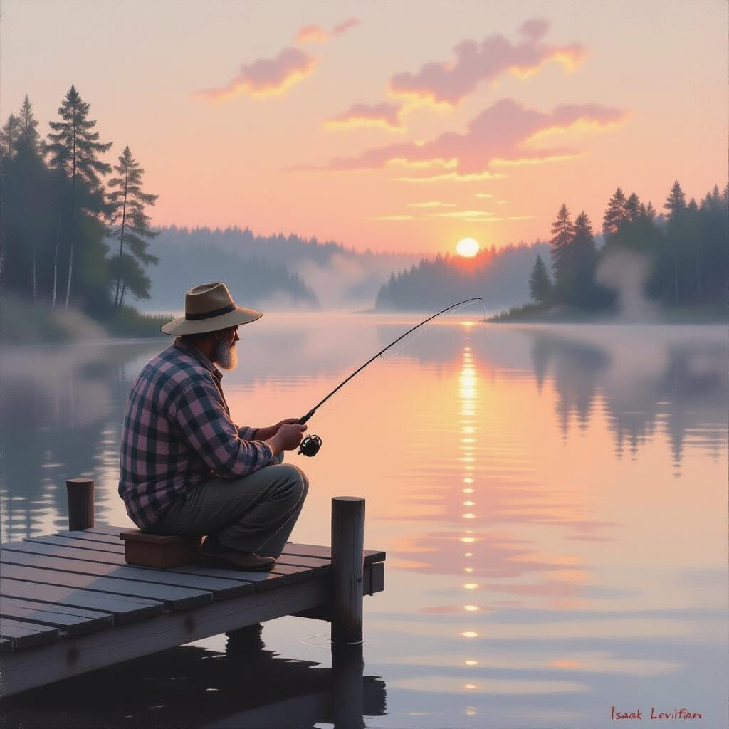 Misty Lake Fisherman in Atmospheric Landscape Style