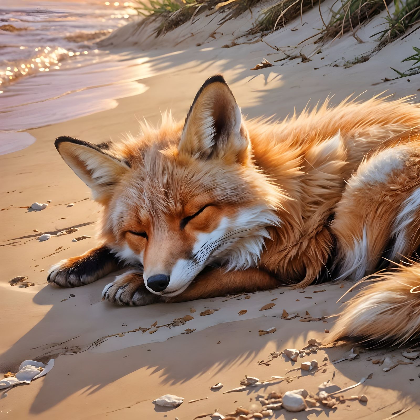 Fox Sleeping on Sandy Beach with Paint Texture