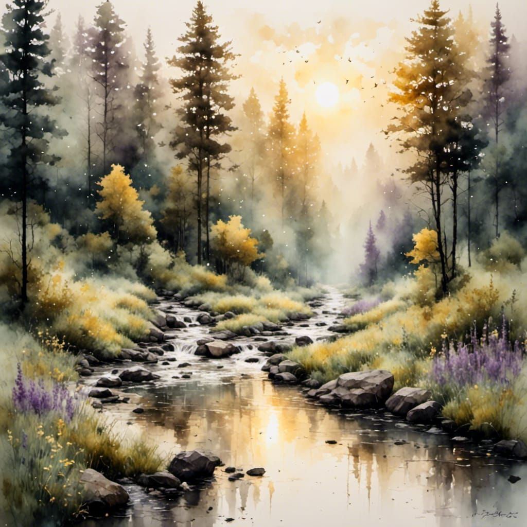 Forest Stream and Waterfall in Antique Watercolor