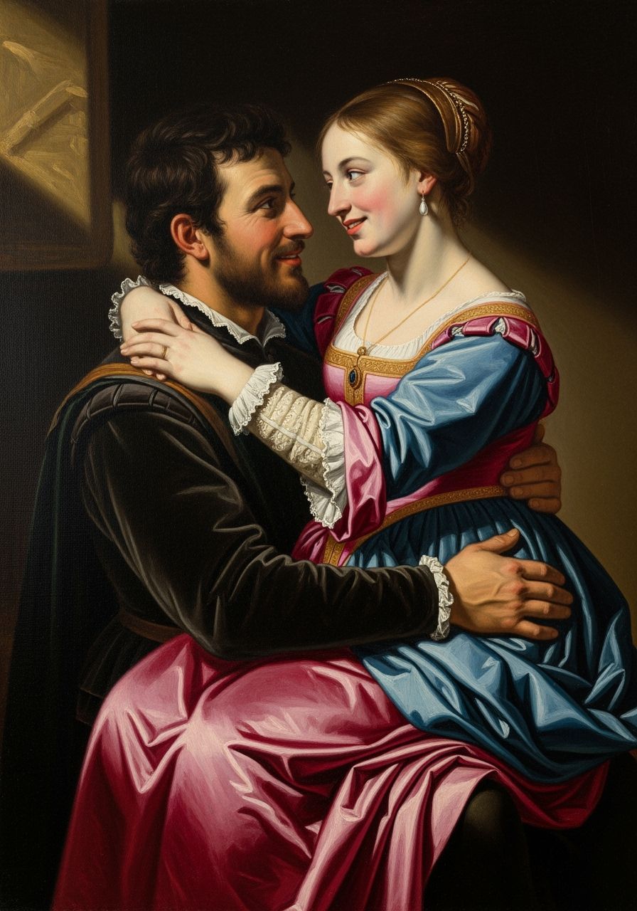 Renaissance Couple Embrace in Oil Painting Style