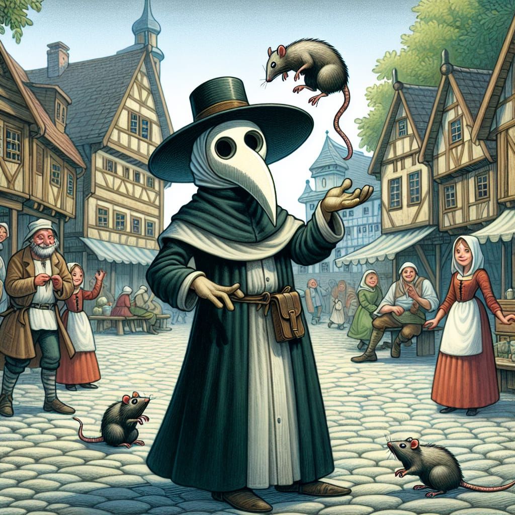 Comical Plague Doctor Juggling Rats Illustration