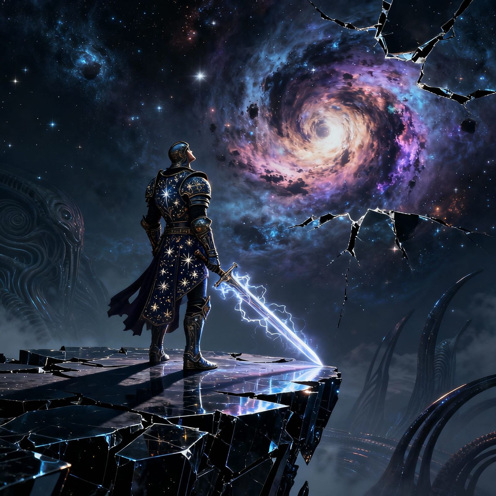 Knight Gazes at Cosmic Nebula in Dark Fantasy Art