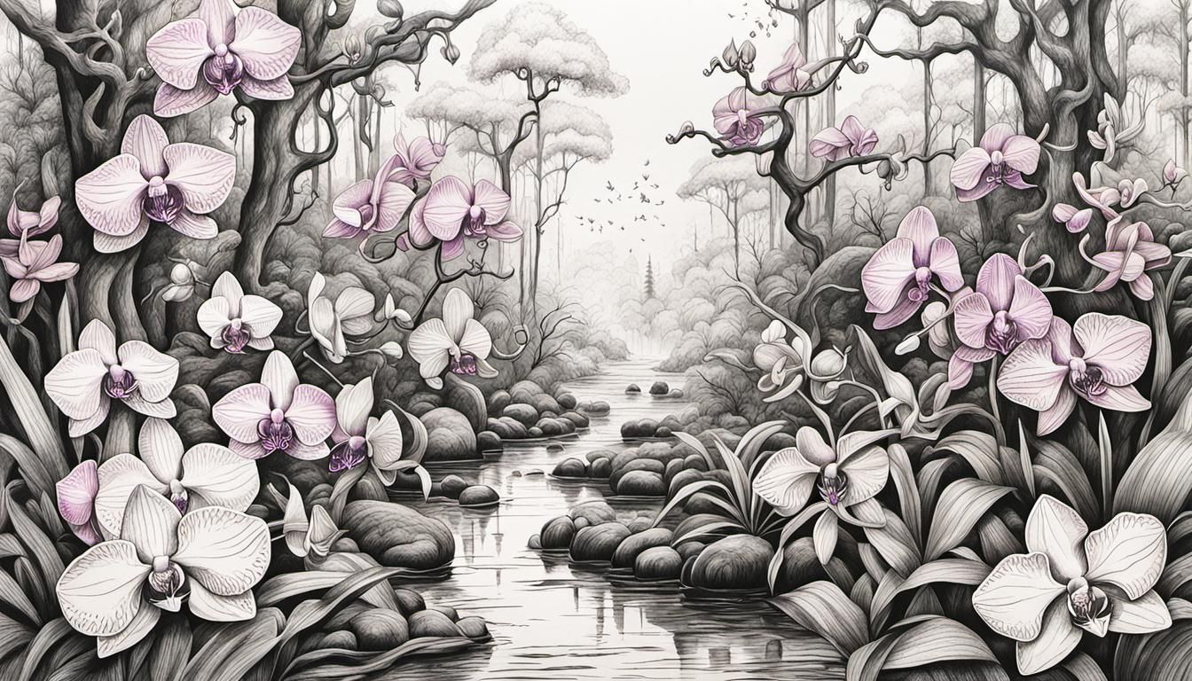 Orchids Bloom in a Colorful Ink Fantasy Landscape