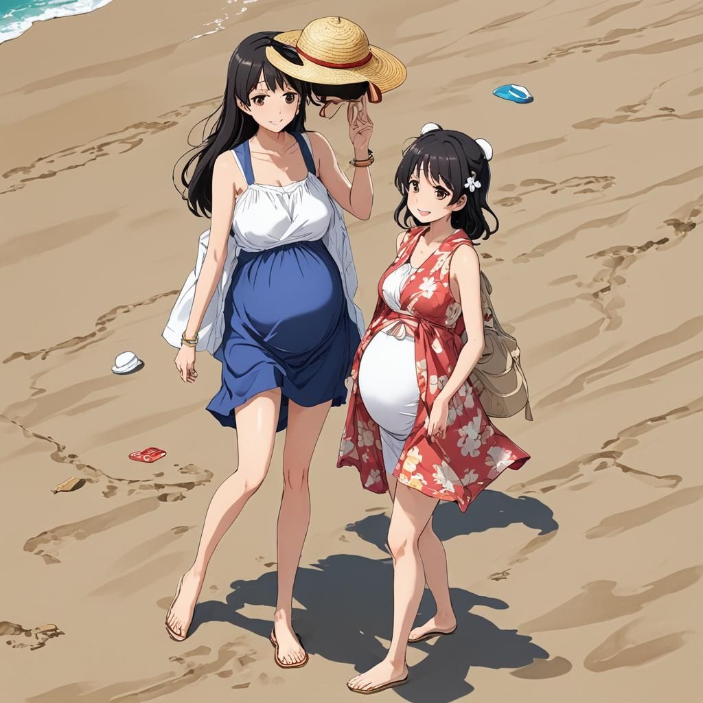 Anime Pregnant Character on Beach in Manga Style