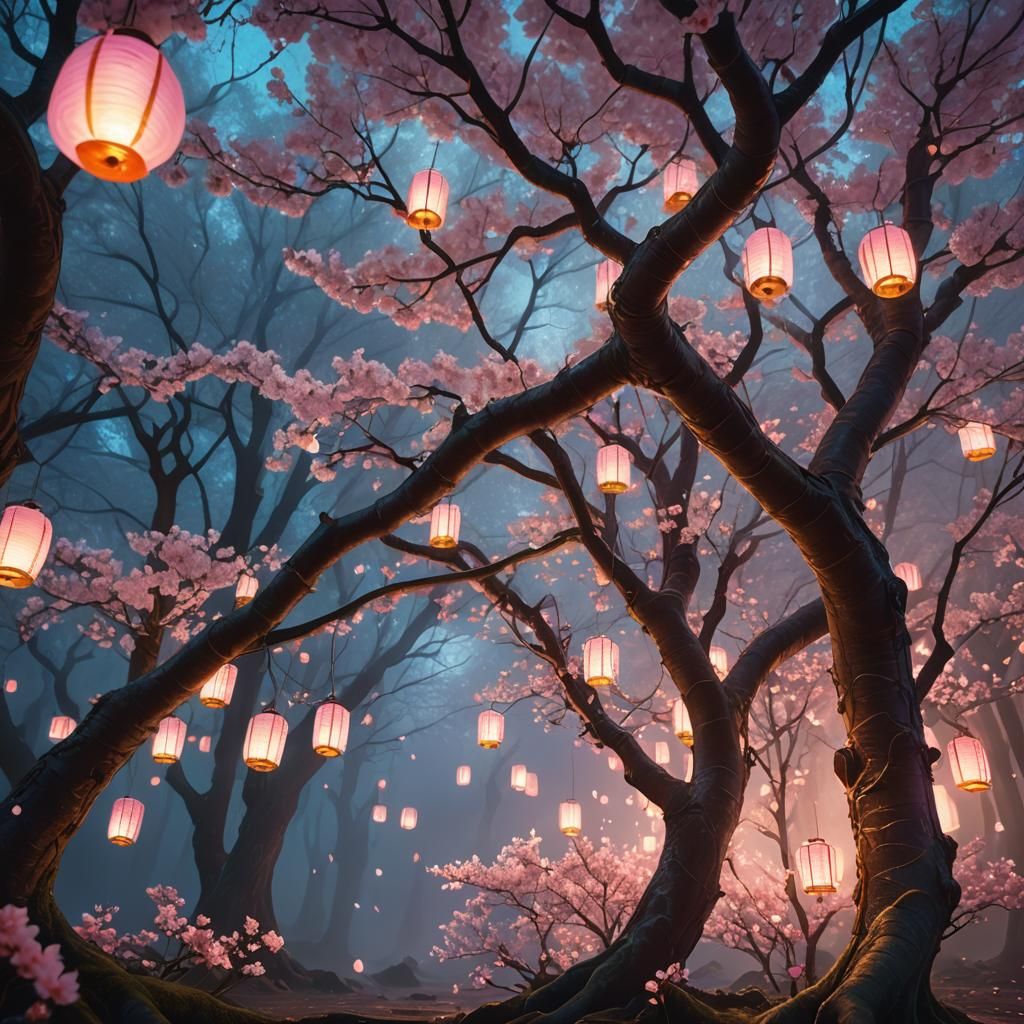 Mystical Forest: Cherry Tree with Lanterns, Digital Art