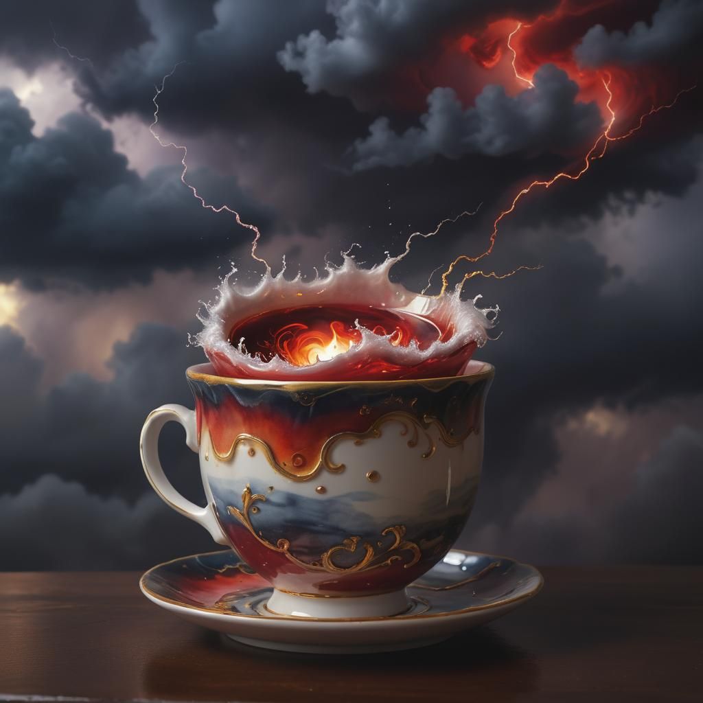 Whimsical Fantasy Tea Cup Storm with Vibrant Red Lightning