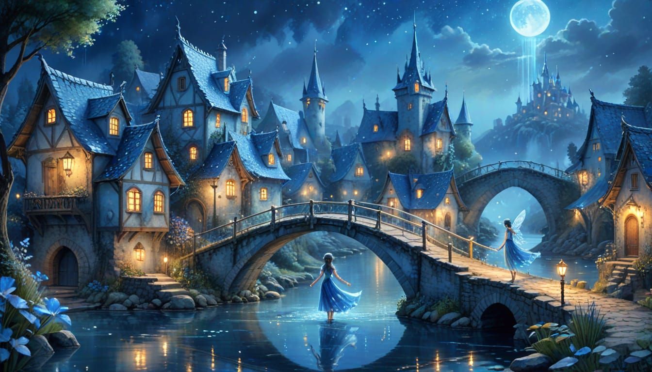 Blue Fairy Village in Watercolor Style