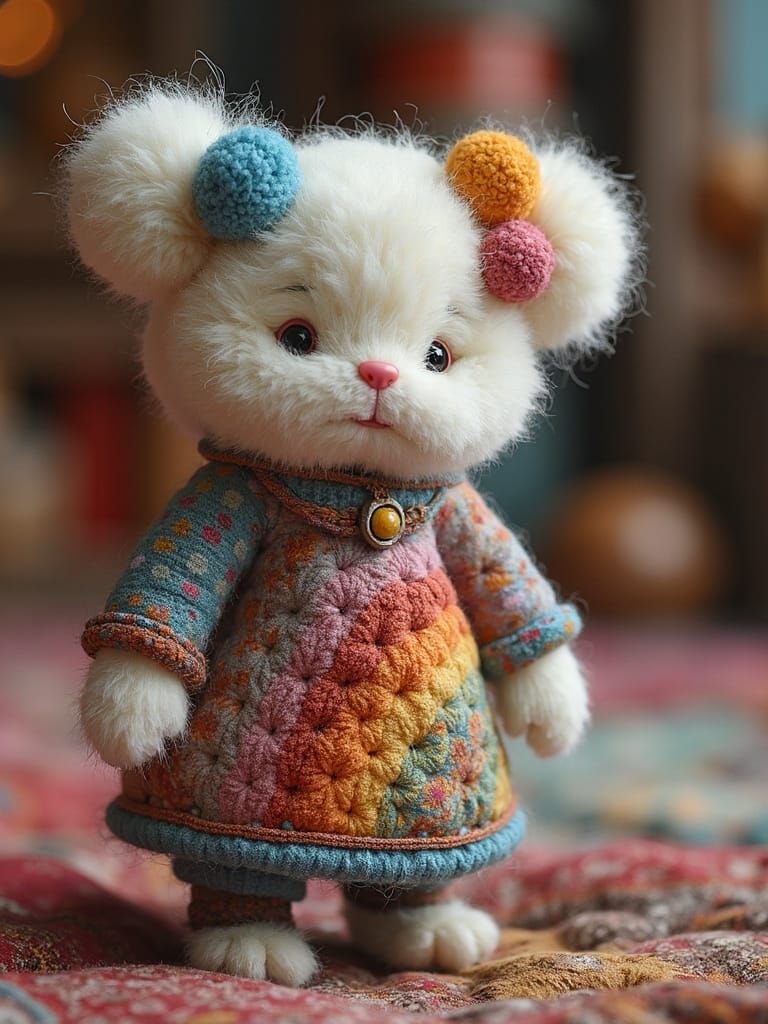 Frivolous Little Fluffy Person Wearing Sci-Fi Macrame Sci-Fi Pompom Space-Buns & Sci-Fi Quilted Patchwork Dress-Ups