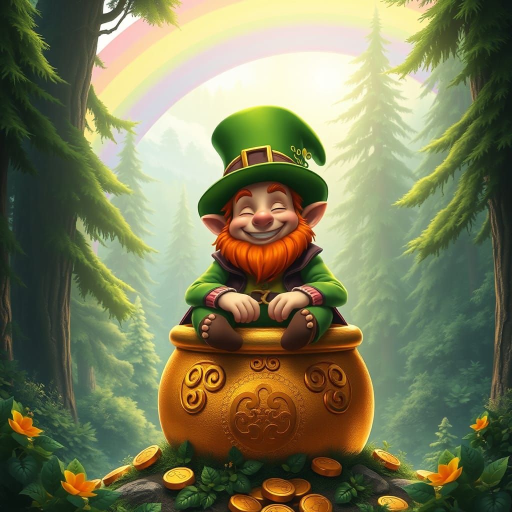 Whimsical Leprechaun Portrait on Pot of Gold