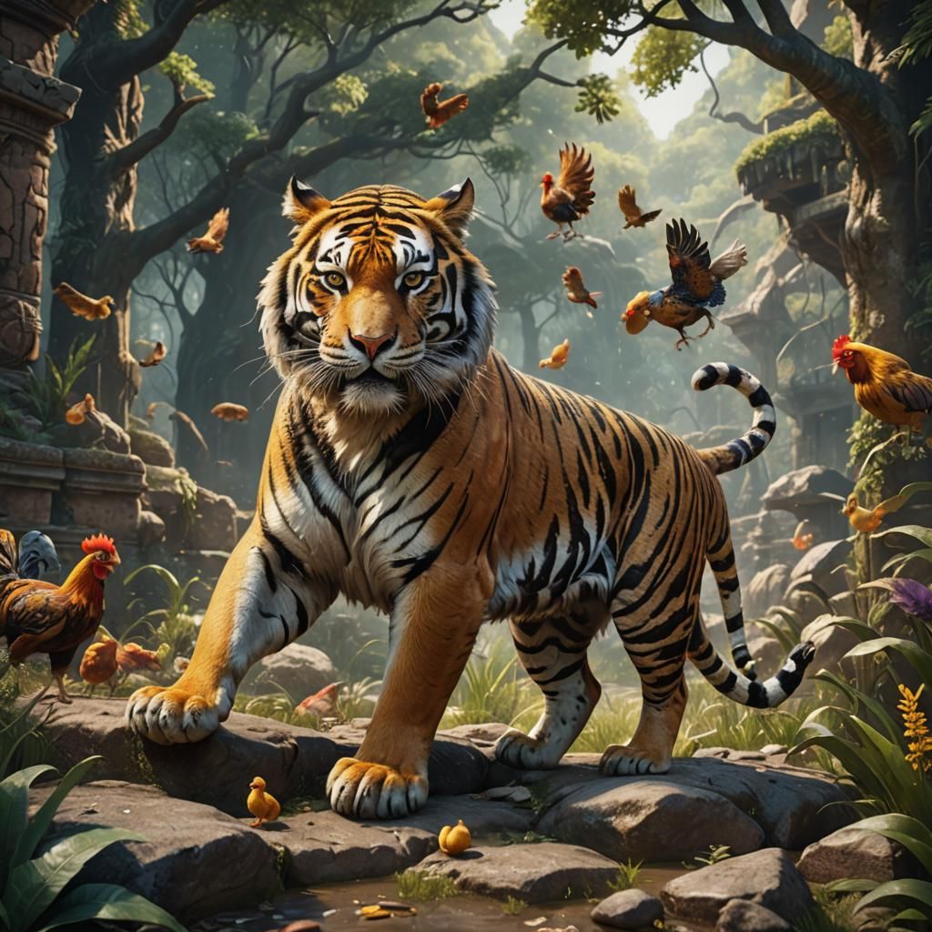 Tiger and Chicken in Detailed Matte Painting