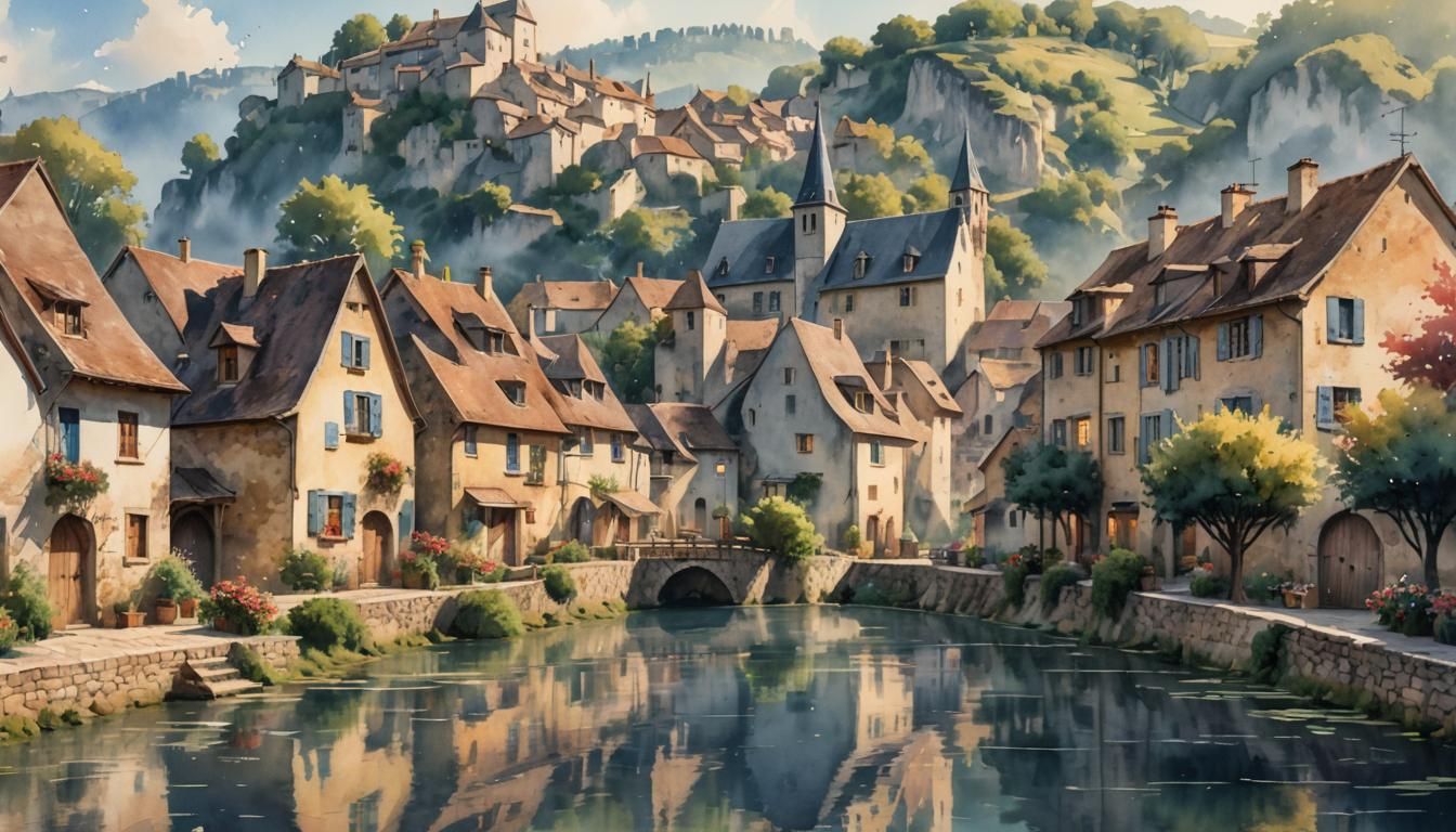French Village at Dawn in Watercolor Style