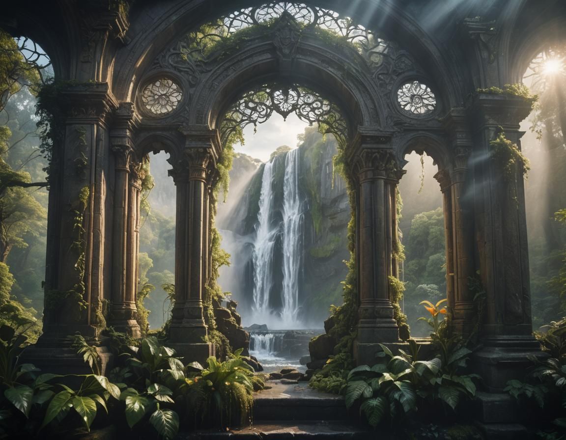 Waterfall Vista Through Ornate Window: Digital Matte Paintin...