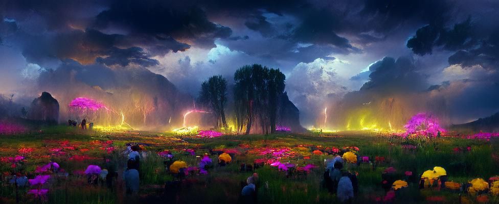 Neon Flowers Under Creepy Stormy Sky