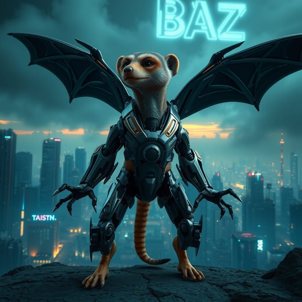 Futuristic Meerkat-Bat Hybrid in Dystopian Metropolis