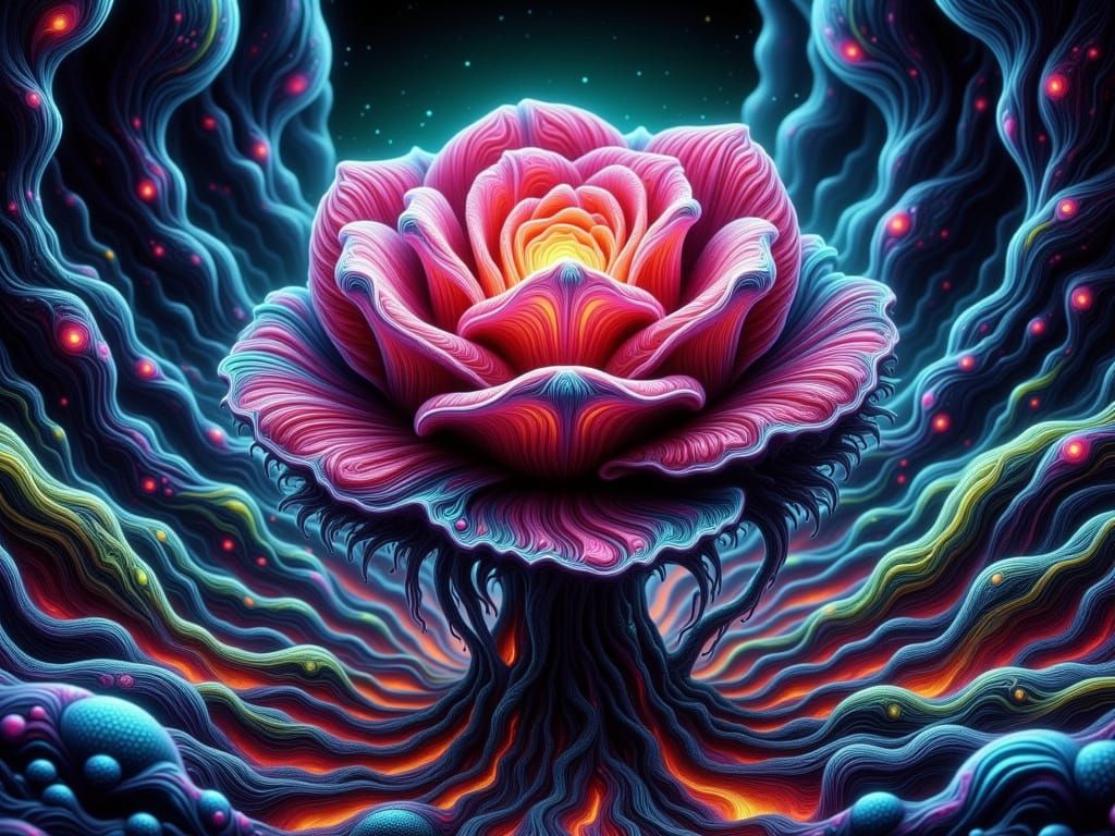 Ethereal Man-Eating Rose in a Tesseract of Lava-Like Fissure...