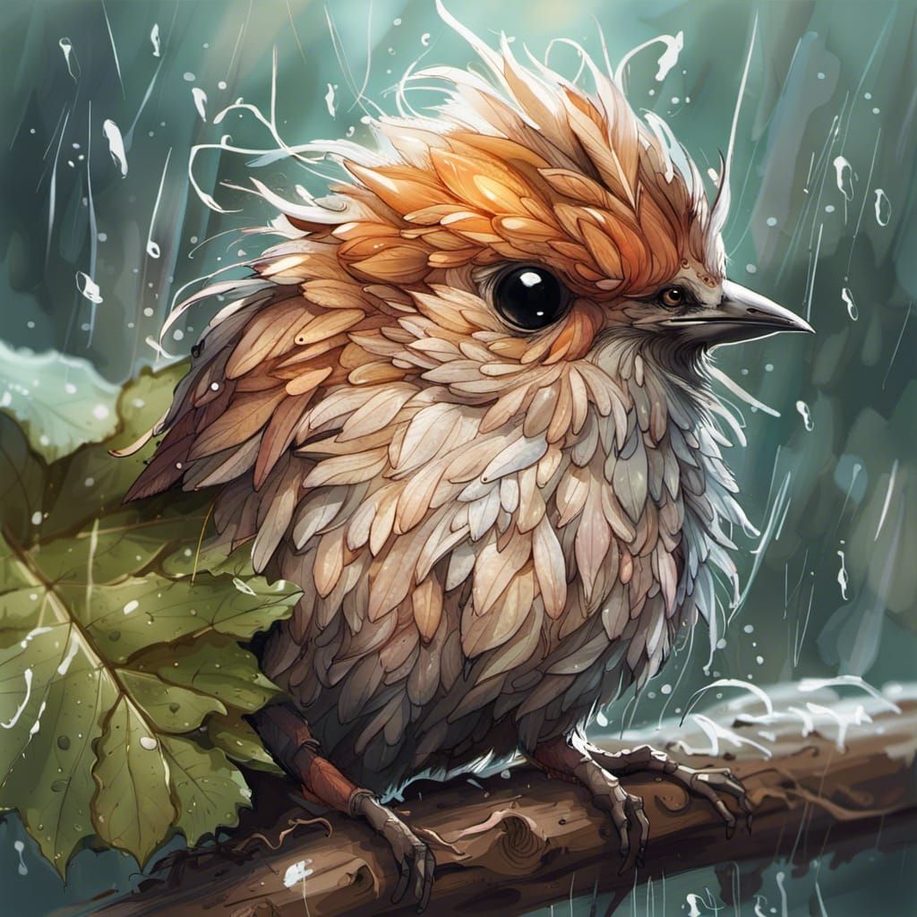 Chibi Bird Sheltering in Rain, Digital Art