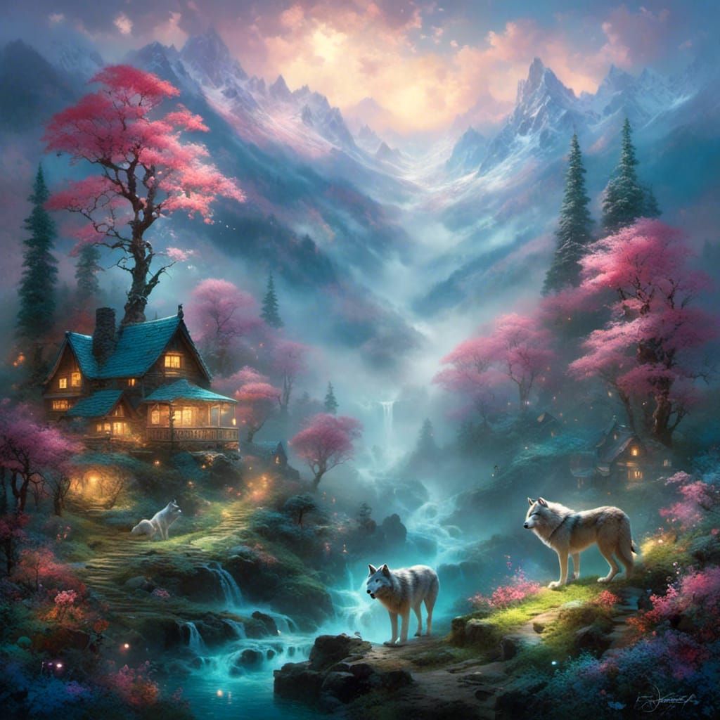 Wolves in Ethereal Misty Fantasy Landscape