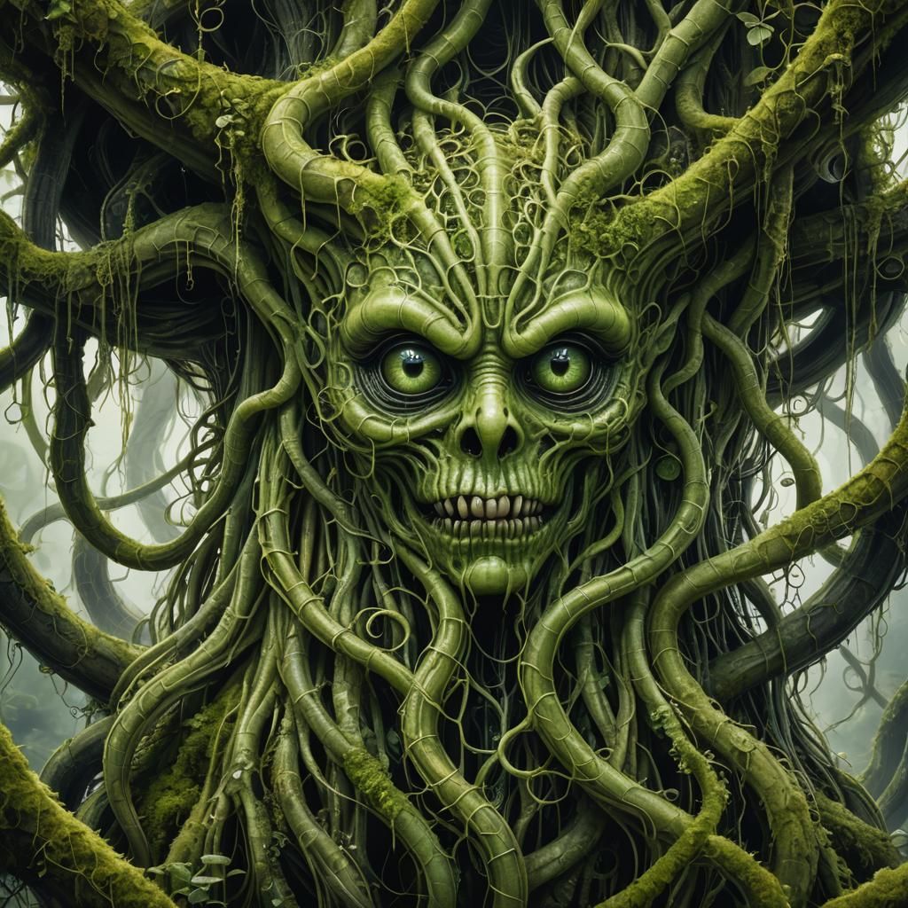 Mossy Green Vine Monster in Watercolor Style