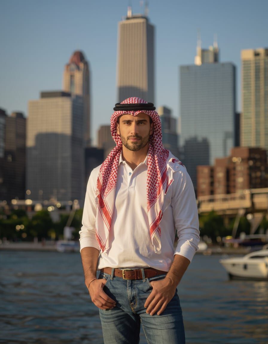 Man on Chicago Riverwalk in Photorealistic Style