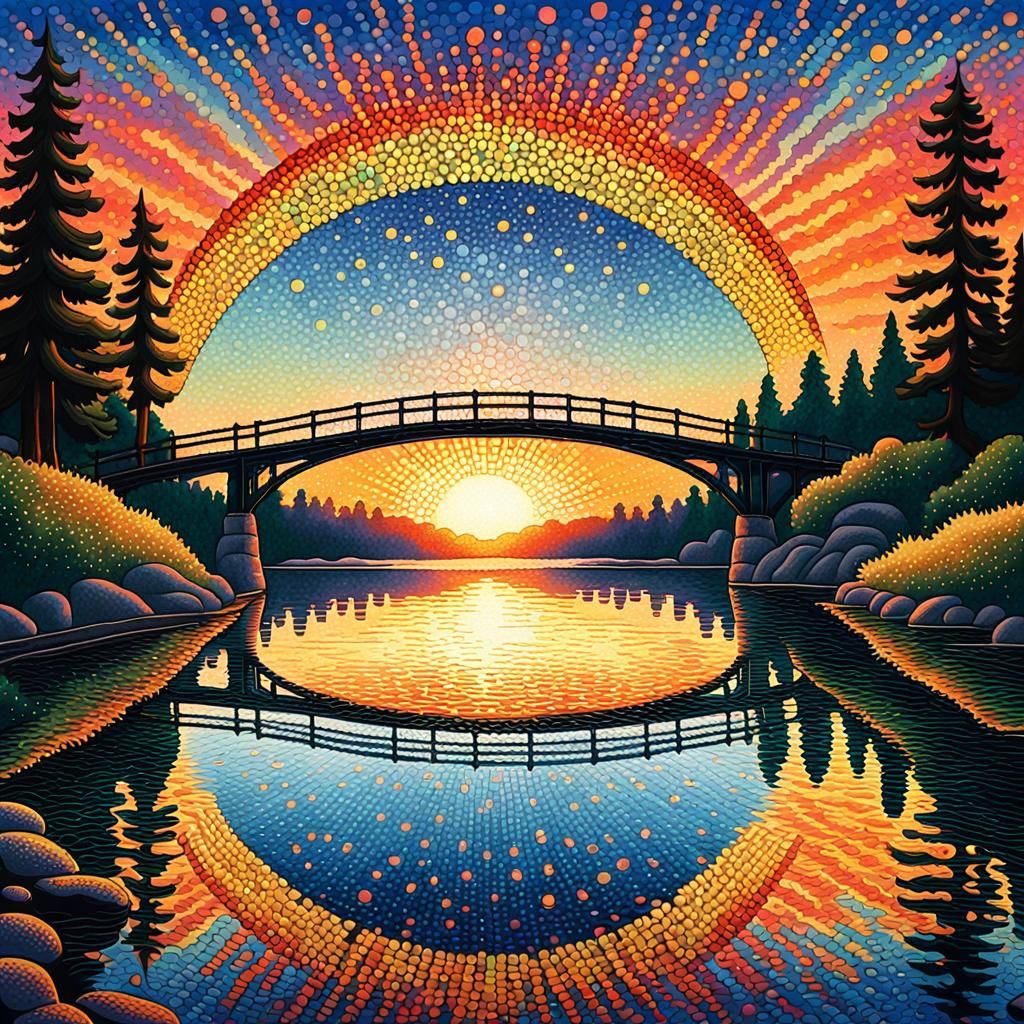 Pointillist Bridge on Mirrored Lake at Sunset