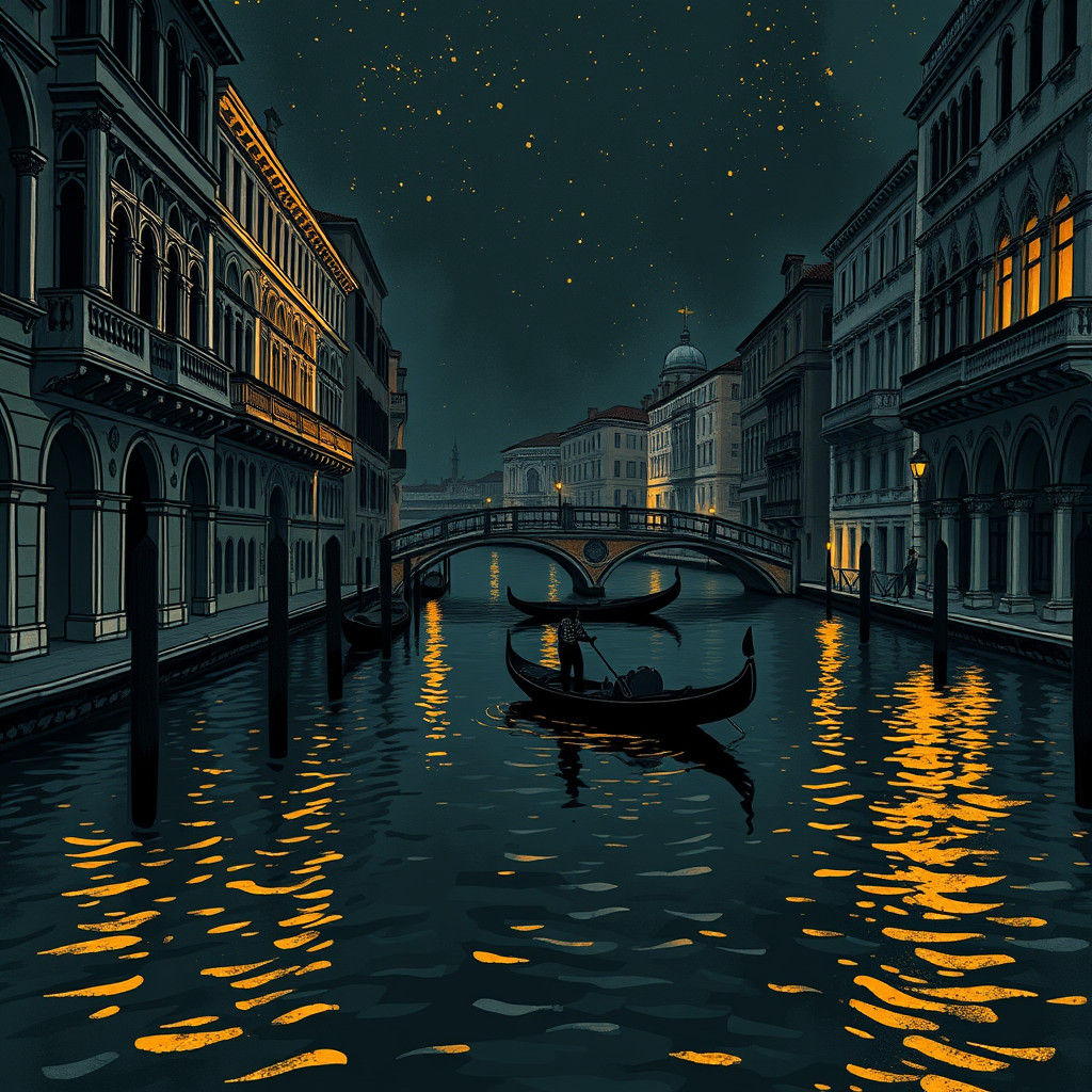 Venetian Gondola at Night: Black Ink and Gold