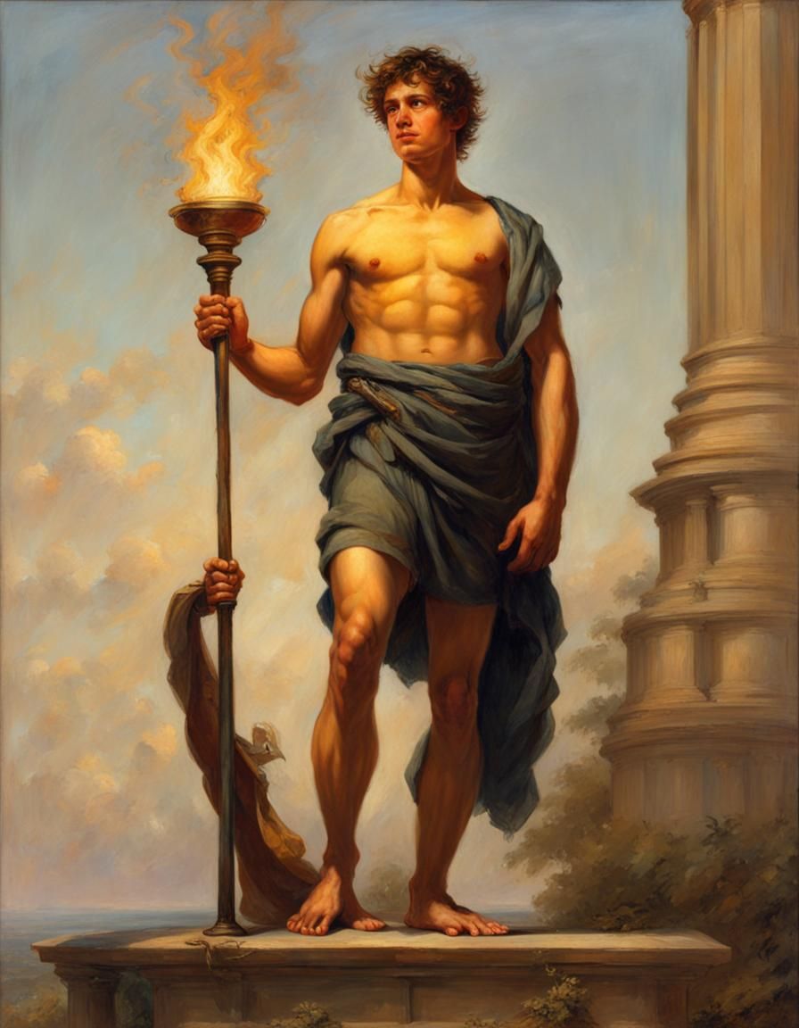 holding a torch, and...